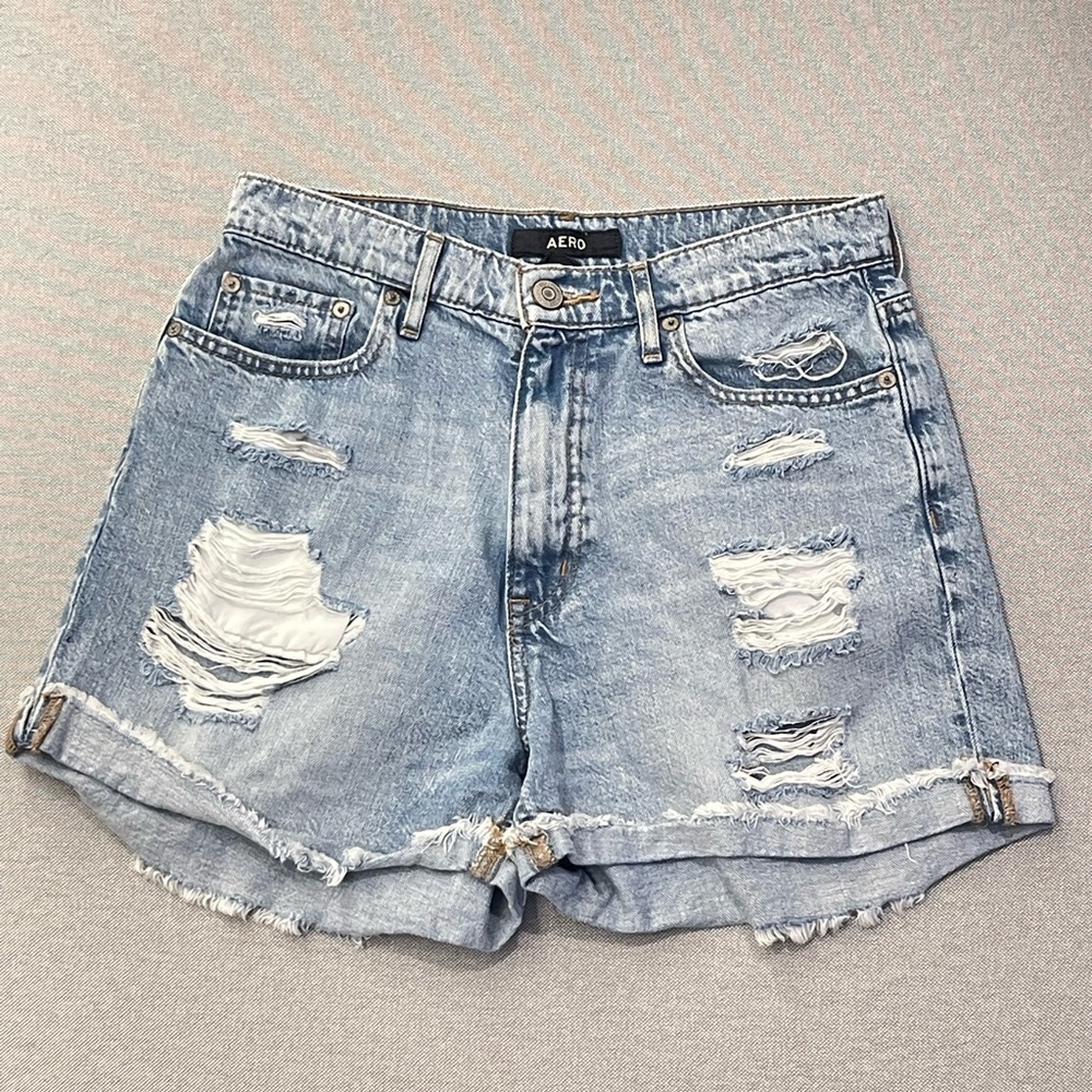 AERO Women’s High Rise Distressed Denim Shorts Light Wash